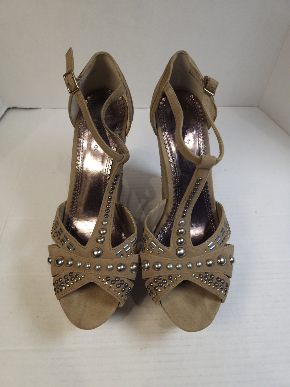 Eva & Zoe Studded Ankle Strap Wedge Sandals in Brown